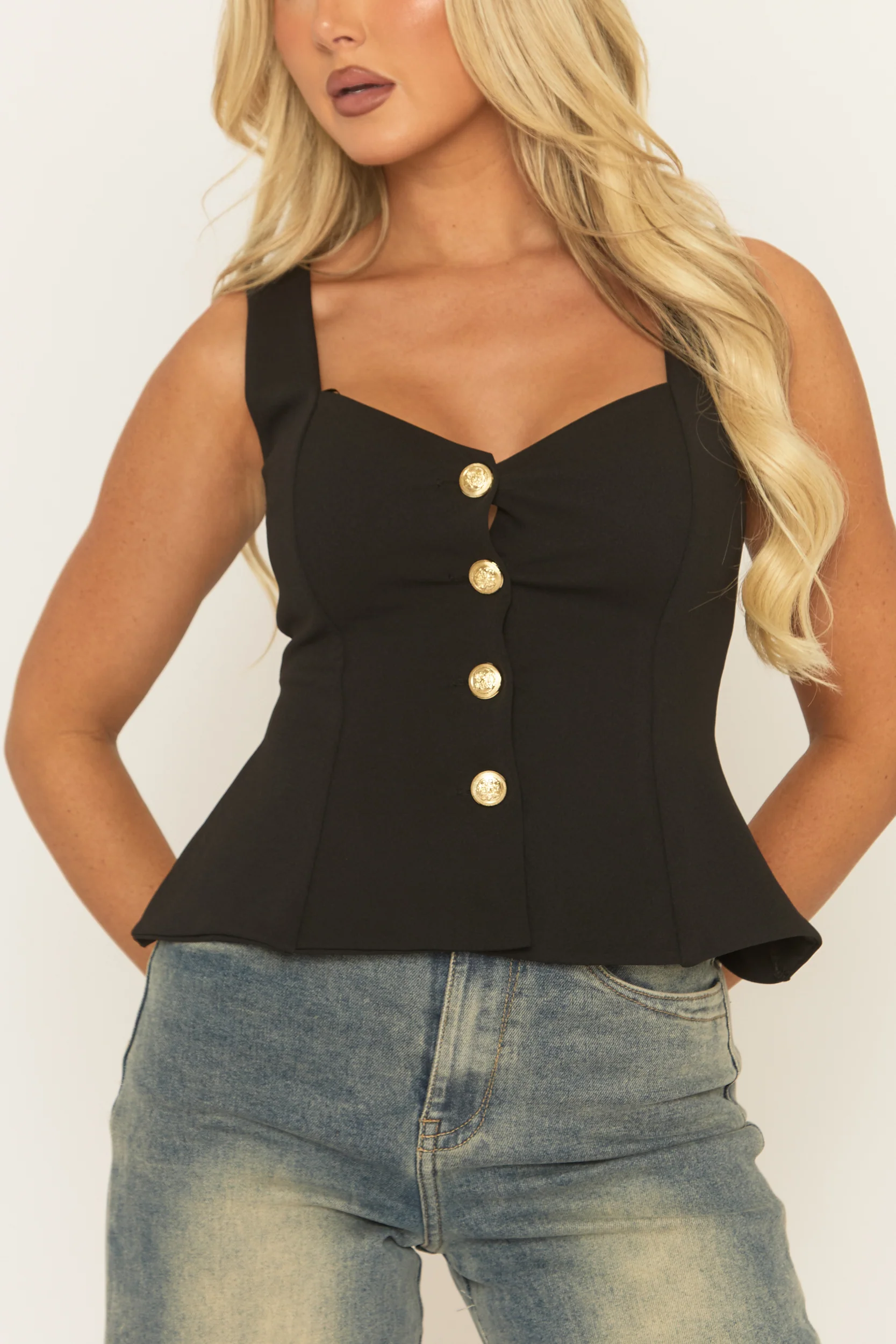 Black Button Detail Peplum Hem Tailored Top - Kassia - Image 4