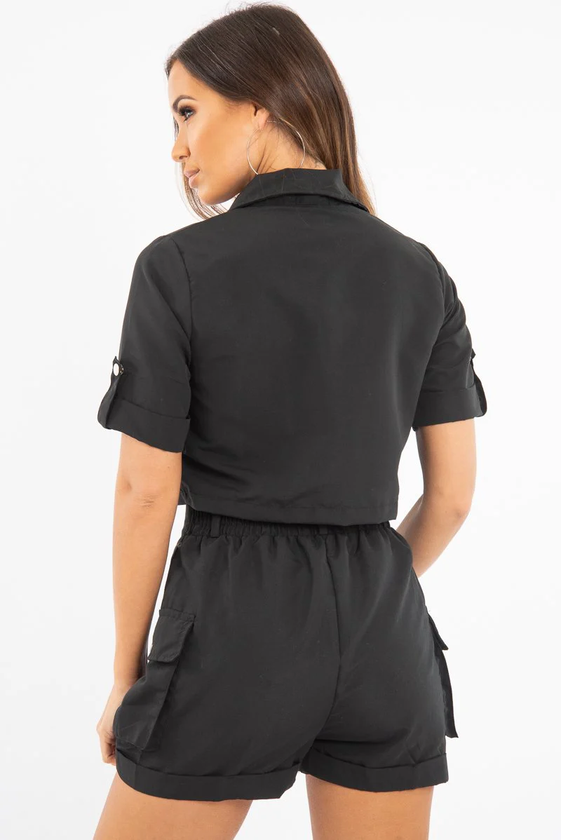 Black Button Front Utility Shirt Shorts Co-ord - Galia - Image 3