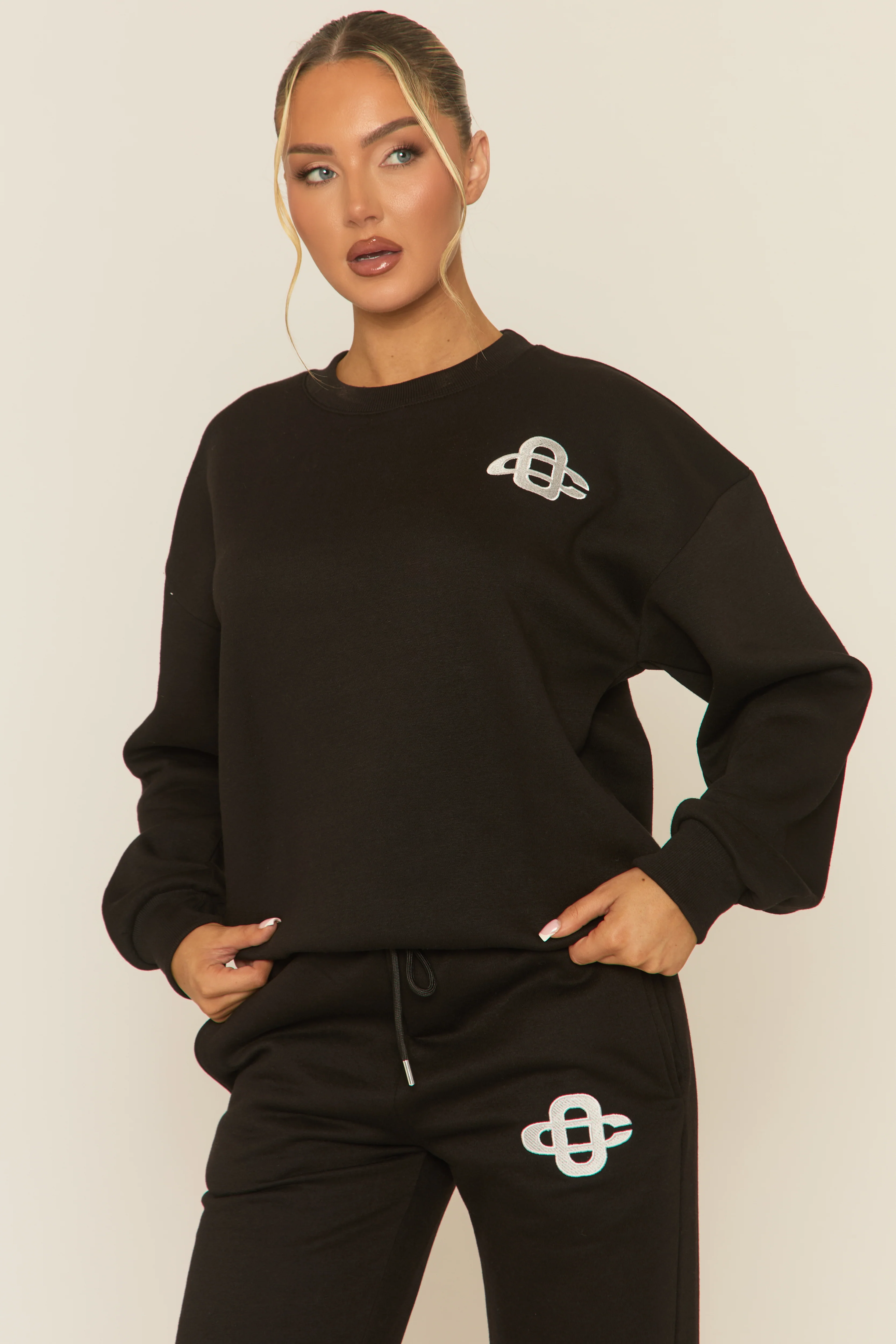 Black Contrast Motif Jumper and Joggers Loungewear Co-ord Set - Oleen - Image 3