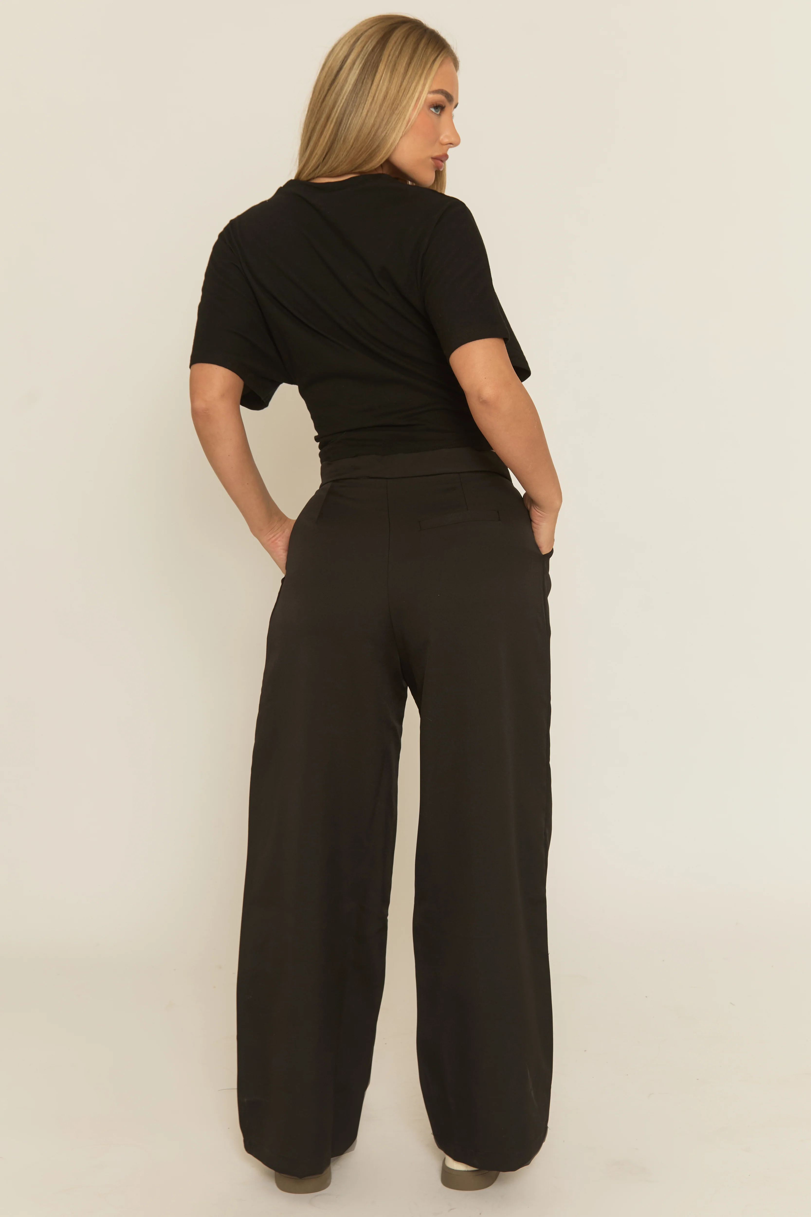 Black Contrast Waist Wide Leg Trousers - Erren - Image 4