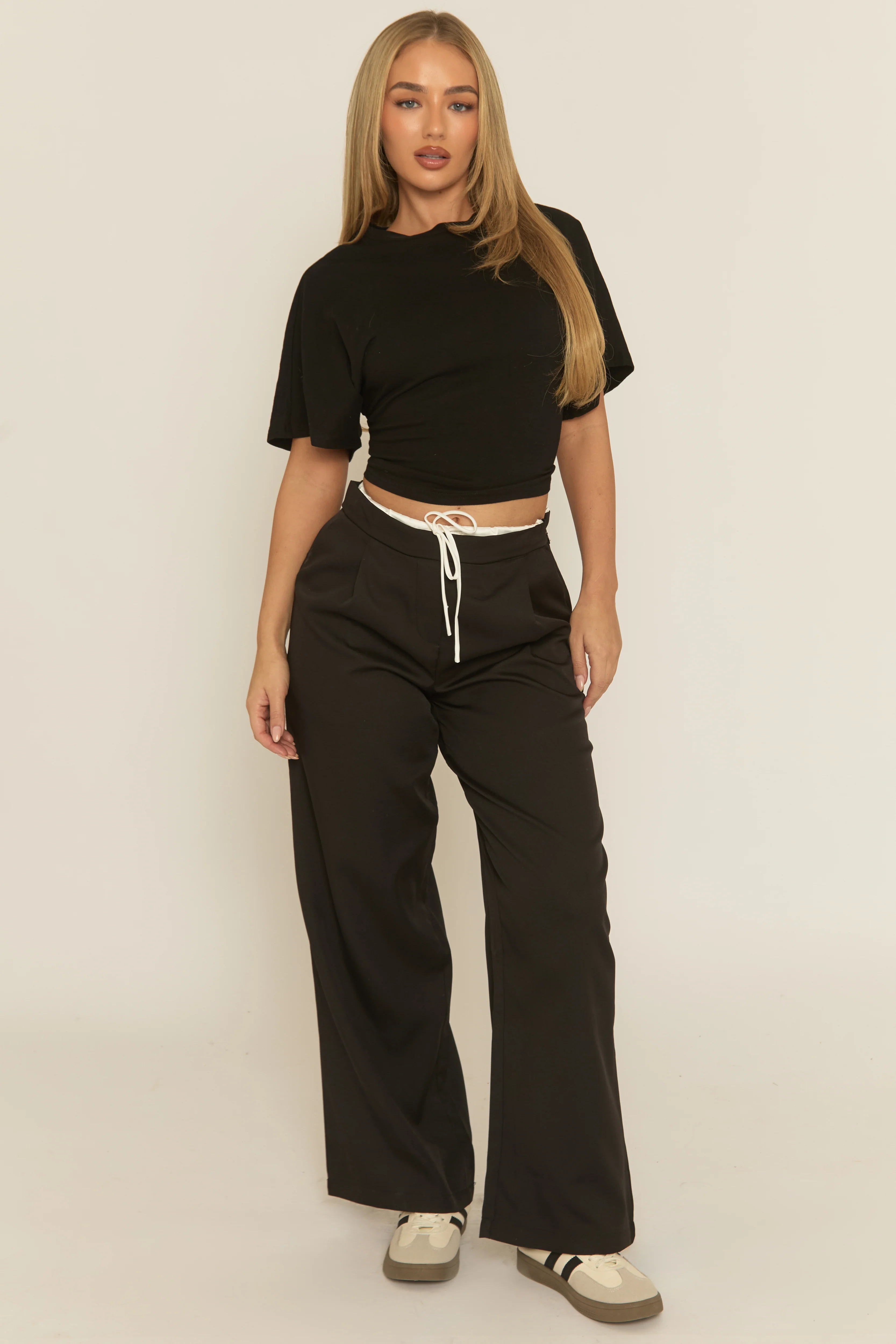 Black Contrast Waist Wide Leg Trousers - Erren - Image 5