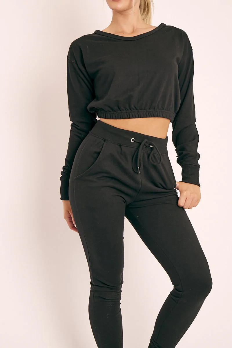 Black Crop Top and Slim Jogger Loungewear Co-ord Set - Suzy - Image 3