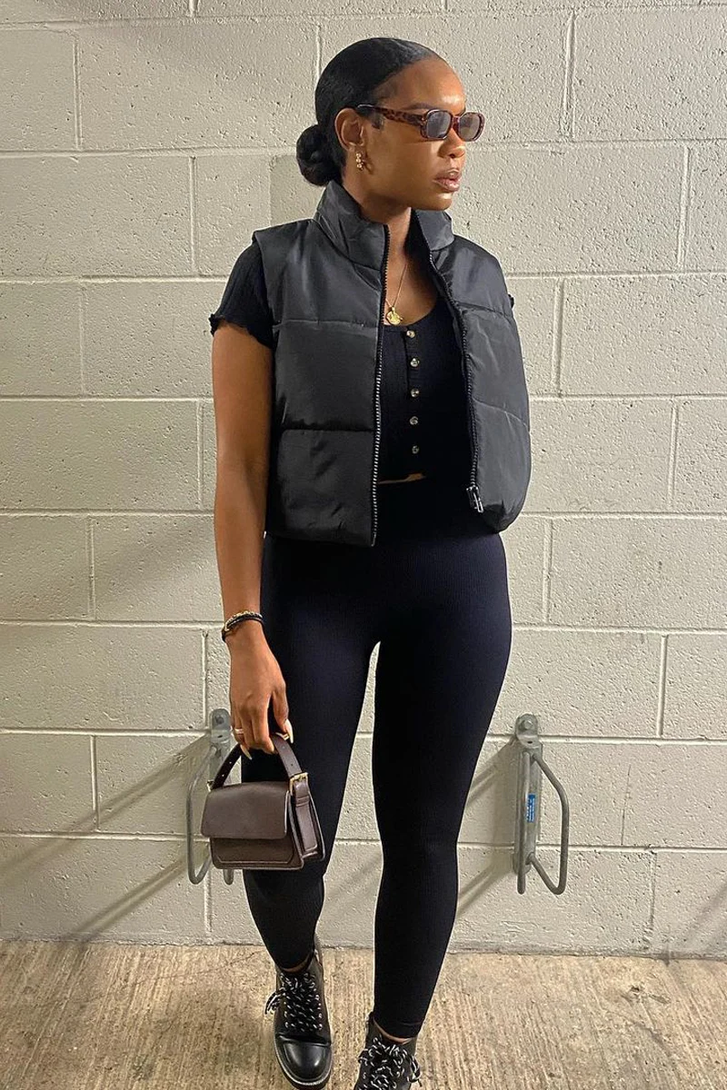 Black Cropped Puffer Gilet - Zura - Image 5