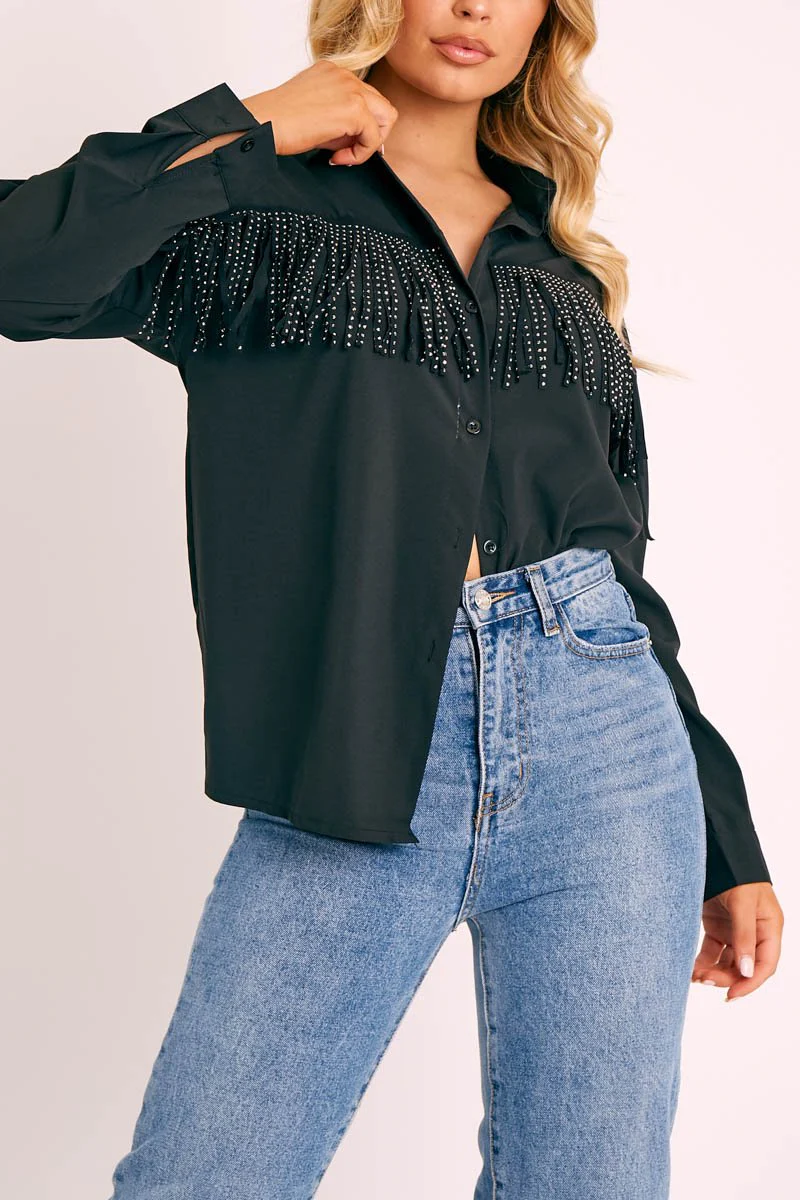 Black Diamante Fringe Shirt - Haidee - Image 3