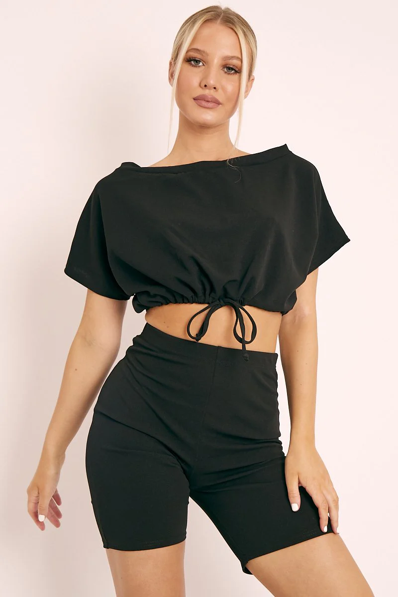 Black Drawstring Top Cycling Short Loungewear Co-ord - Krissa - Image 3
