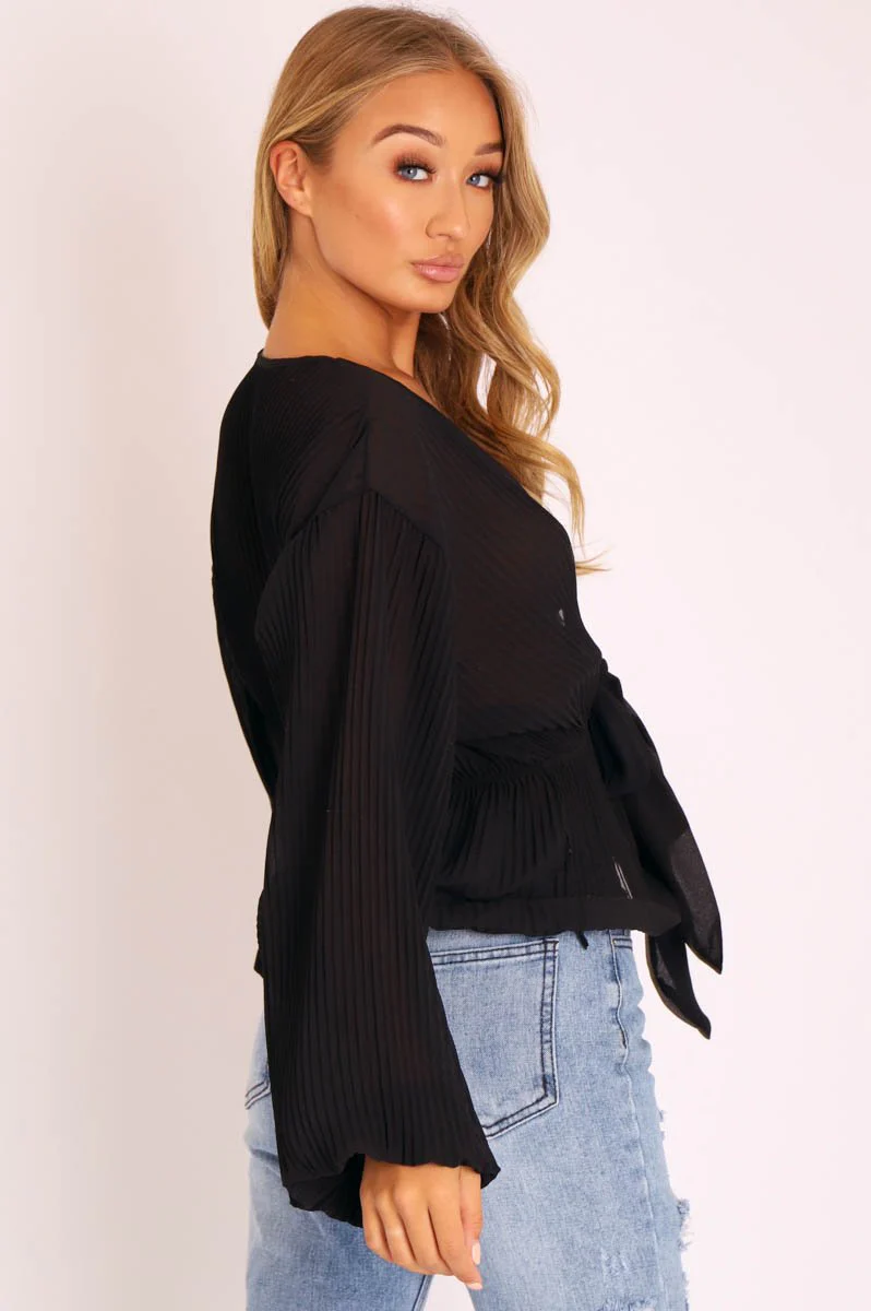 Black Extreme Plunge Structured Peplum Pleated Top - Ivy - Image 3