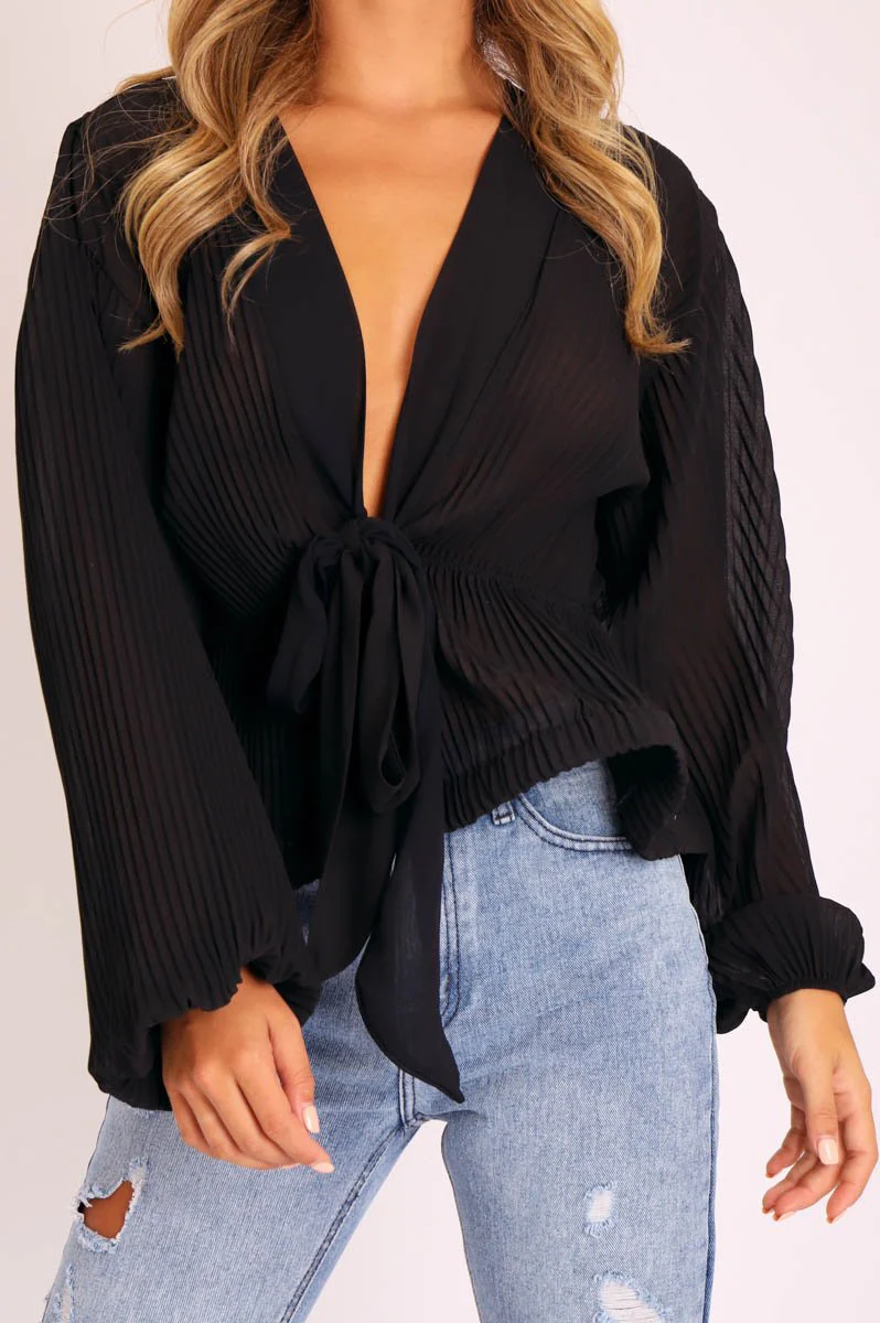 Black Extreme Plunge Structured Peplum Pleated Top - Ivy - Image 4