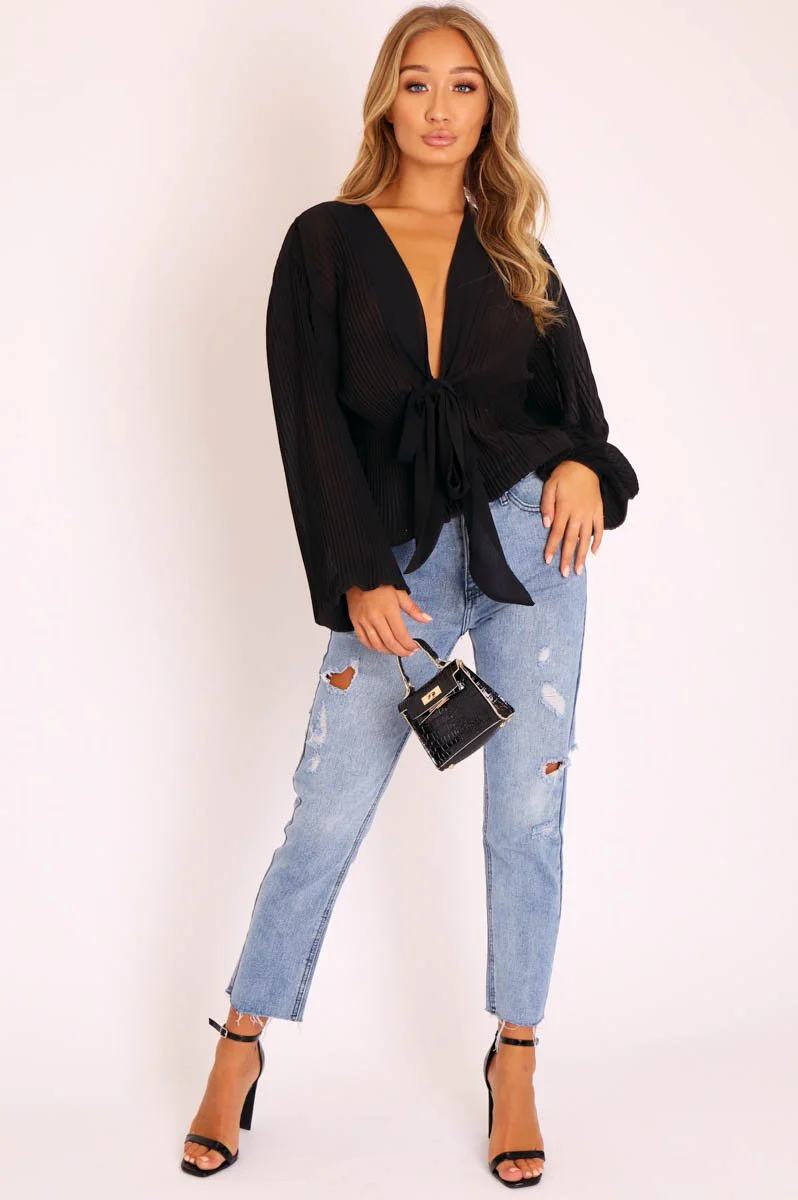 Black Extreme Plunge Structured Peplum Pleated Top - Ivy - Image 5