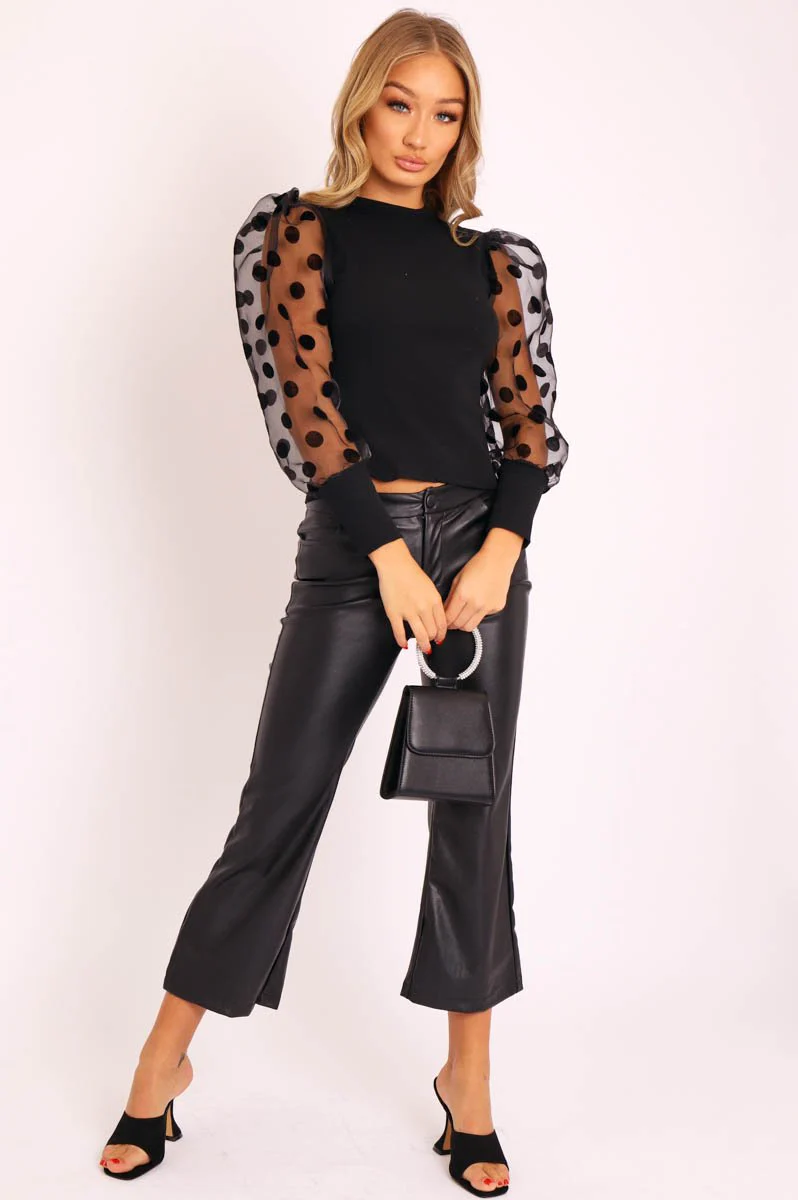 Black Faux Leather Flared Crop Trousers - Makai - Image 3
