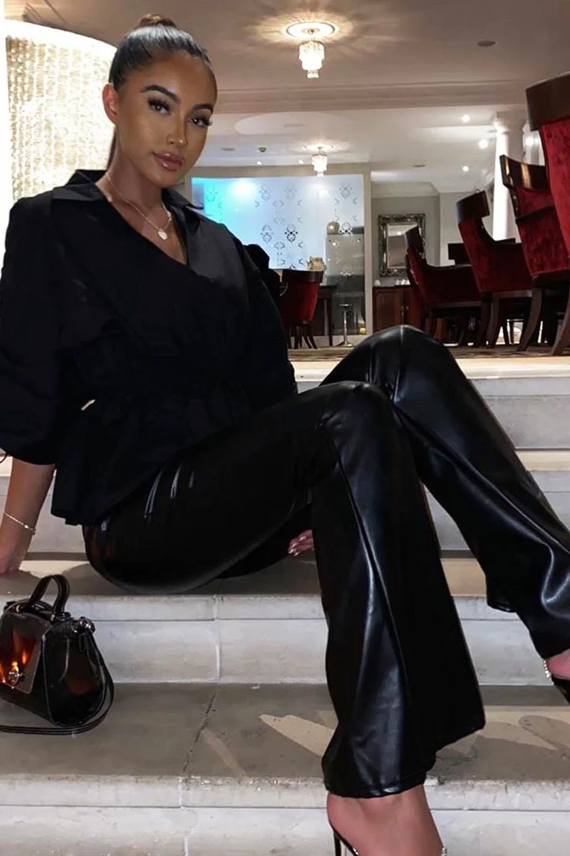 Black Faux Leather High Waist Flared Trousers - Tori - Image 6