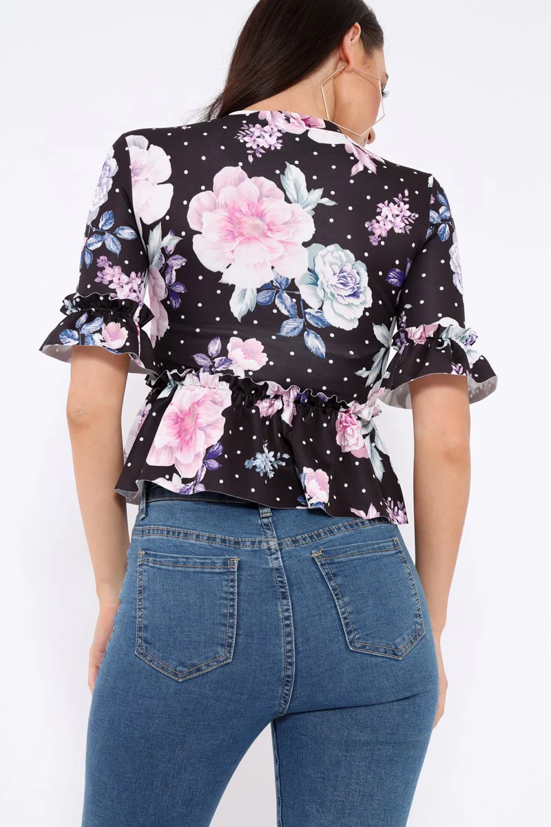 Black Floral Ruffle Peplum Top - Kyriee - Image 4