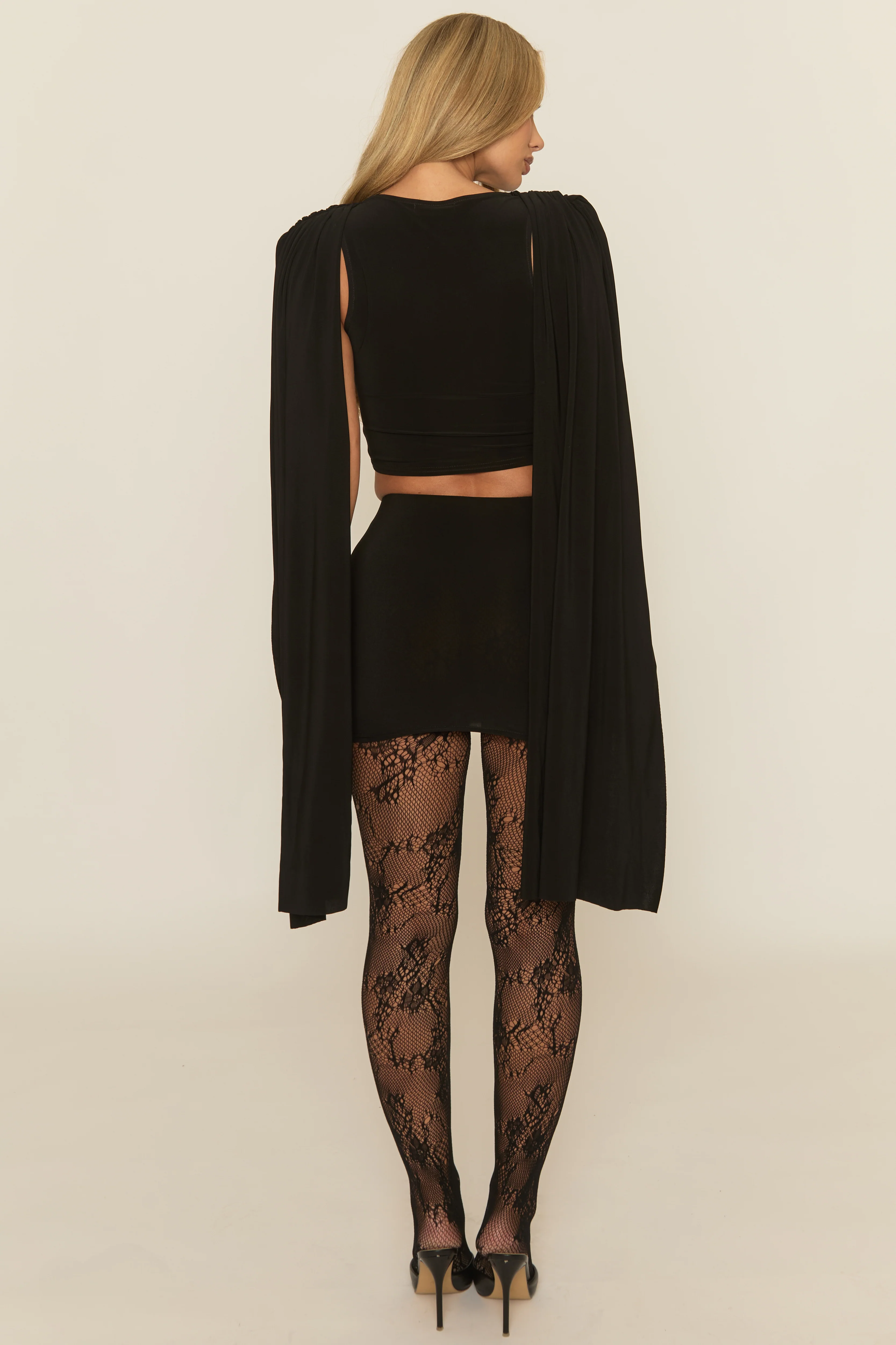 Black Gathered Cape Top and Mini Skirt Co-ord Set - Kenzie - Image 6