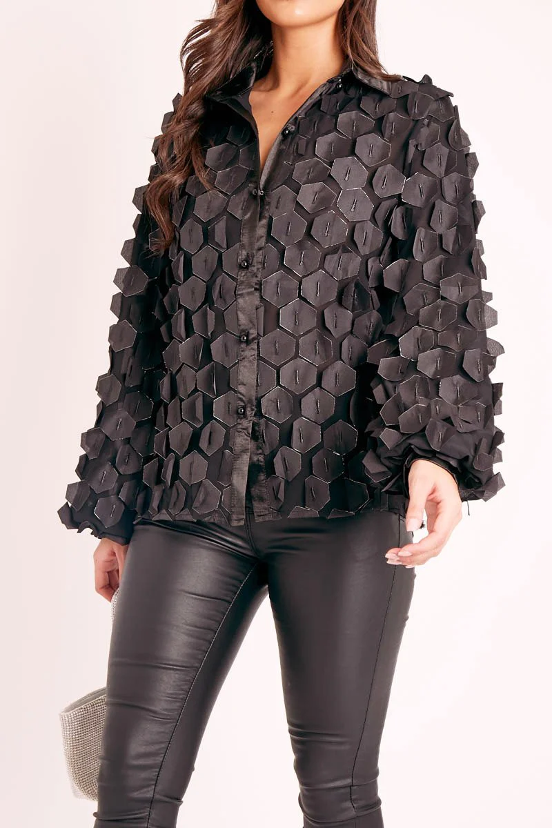 Black Geometric Applique Button Front Shirt - Bostyn - Image 3