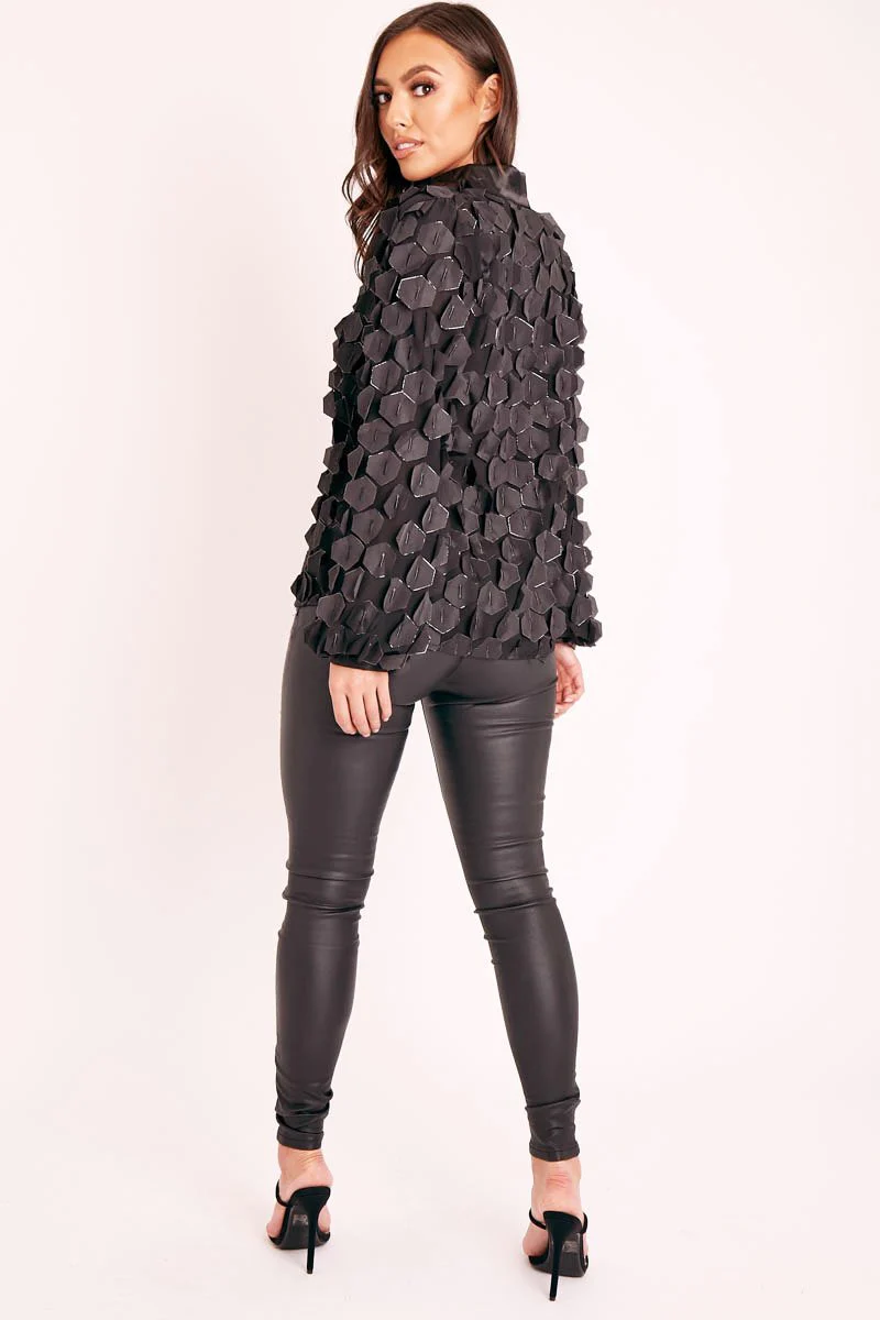 Black Geometric Applique Button Front Shirt - Bostyn - Image 4