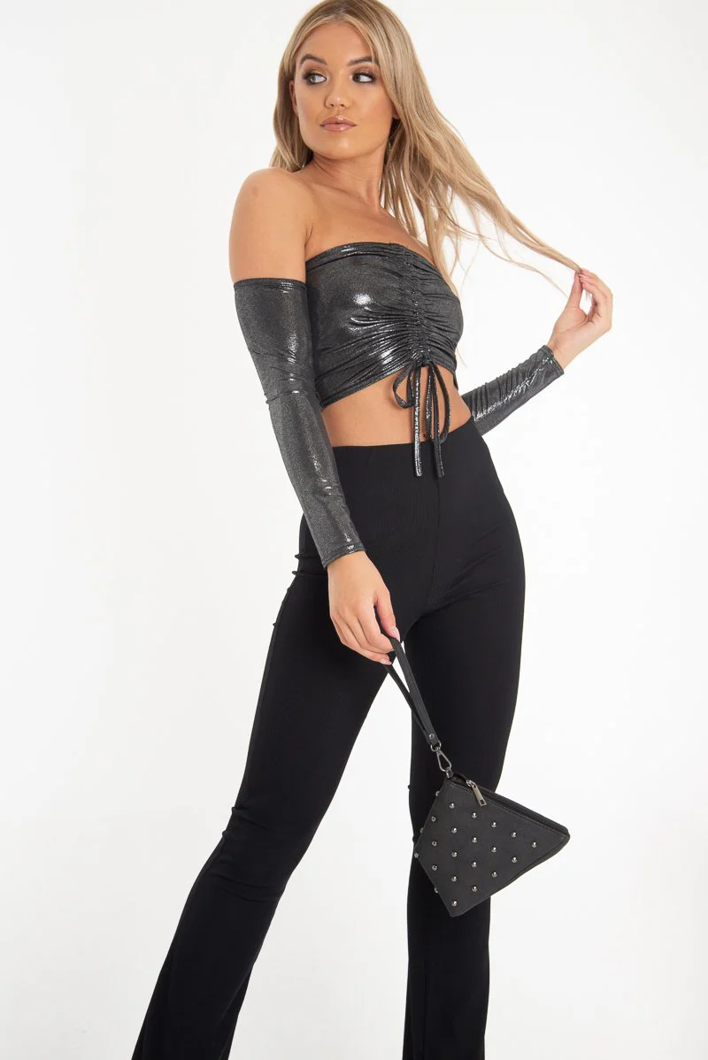 Black Glitter Ruched Front Bardot Long Sleeve Top - Cici - Image 5