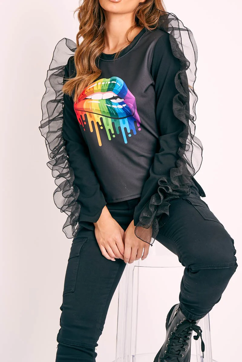 Black Graphic Print Organza Ruffle Sleeve Top - Gianni - Image 3