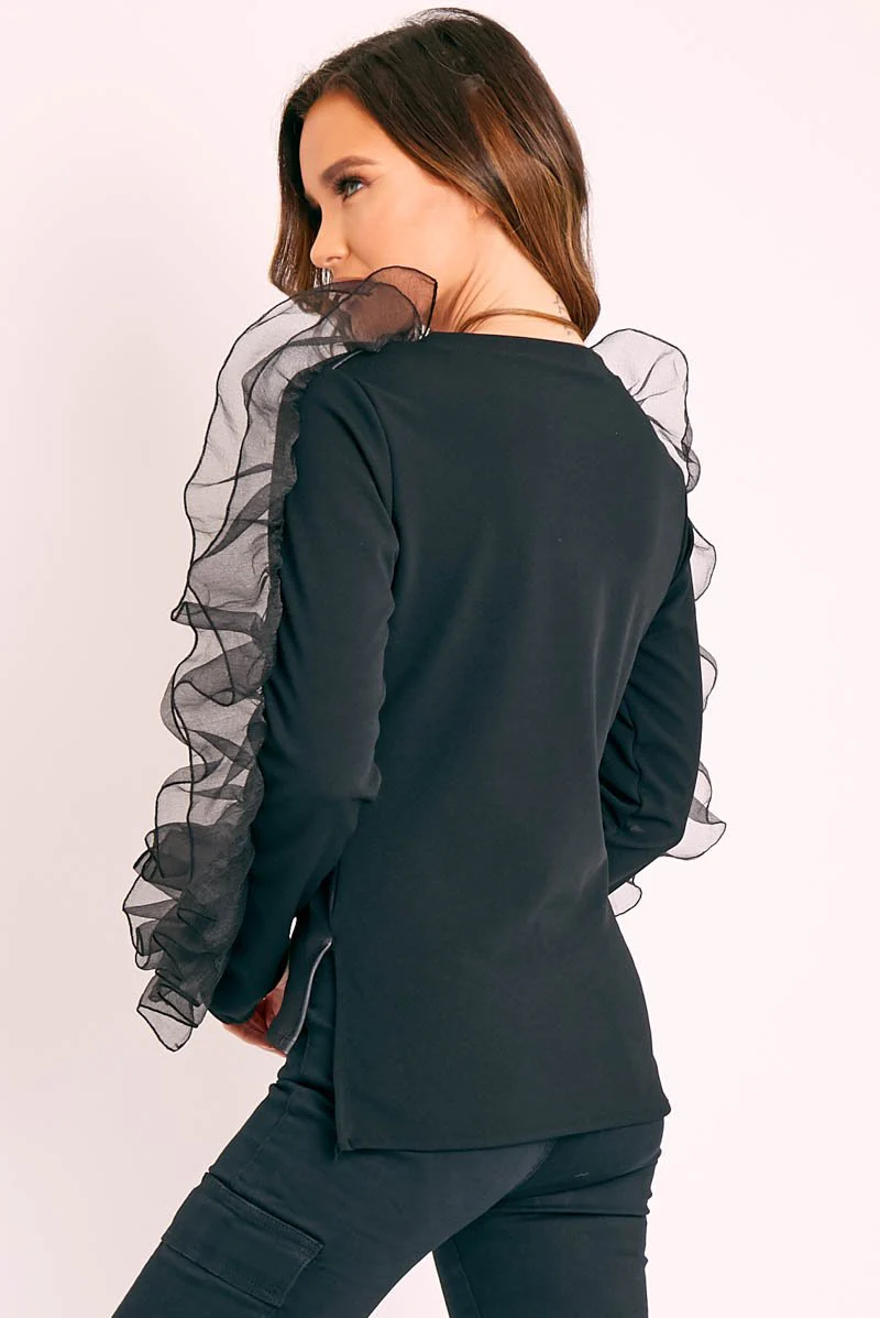 Black Graphic Print Organza Ruffle Sleeve Top - Gianni - Image 4