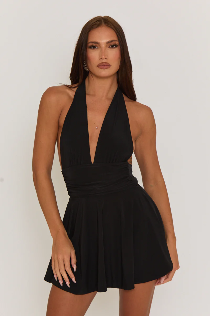 Black Halter Plunge Neck Mini Dress - Pippa - Image 3