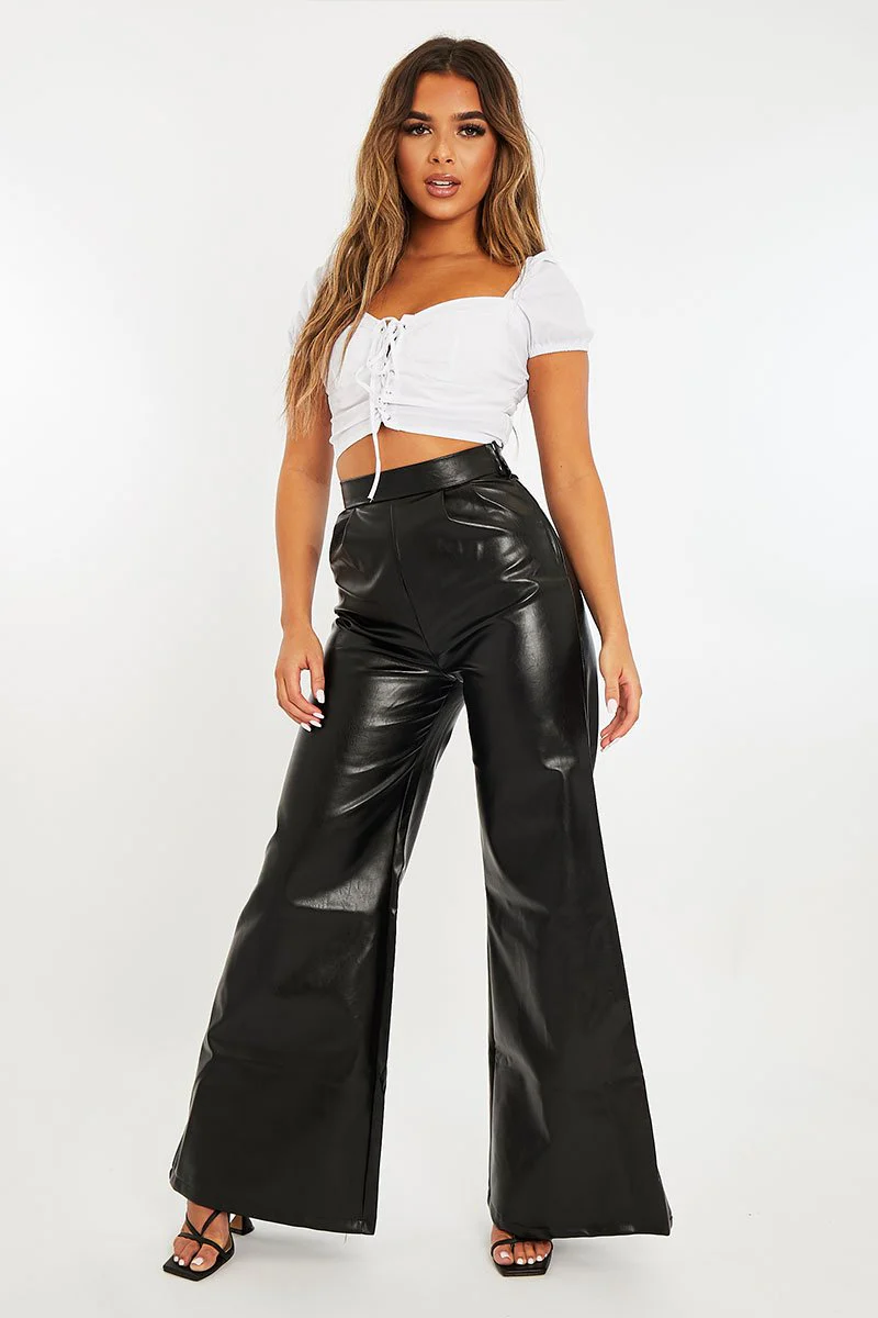 Black High Waist Wide Leg Faux Leather Trousers - Hanika - Image 3