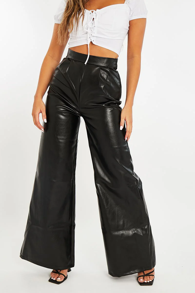 Black High Waist Wide Leg Faux Leather Trousers - Hanika - Image 4
