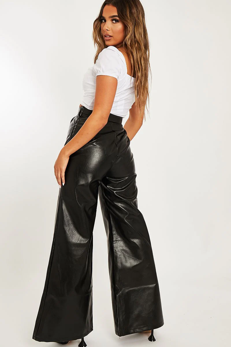 Black High Waist Wide Leg Faux Leather Trousers - Hanika - Image 5