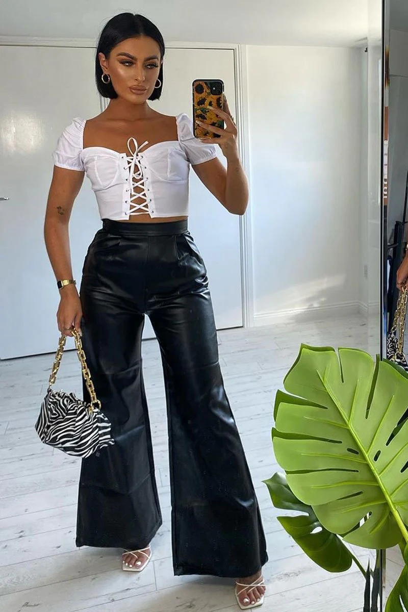 Black High Waist Wide Leg Faux Leather Trousers - Hanika - Image 6