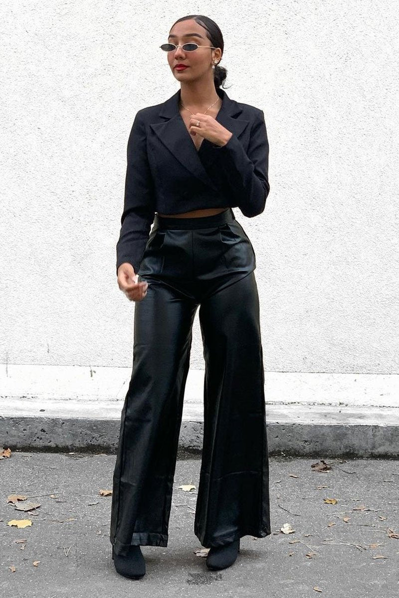 Black High Waist Wide Leg Faux Leather Trousers - Hanika - Image 7