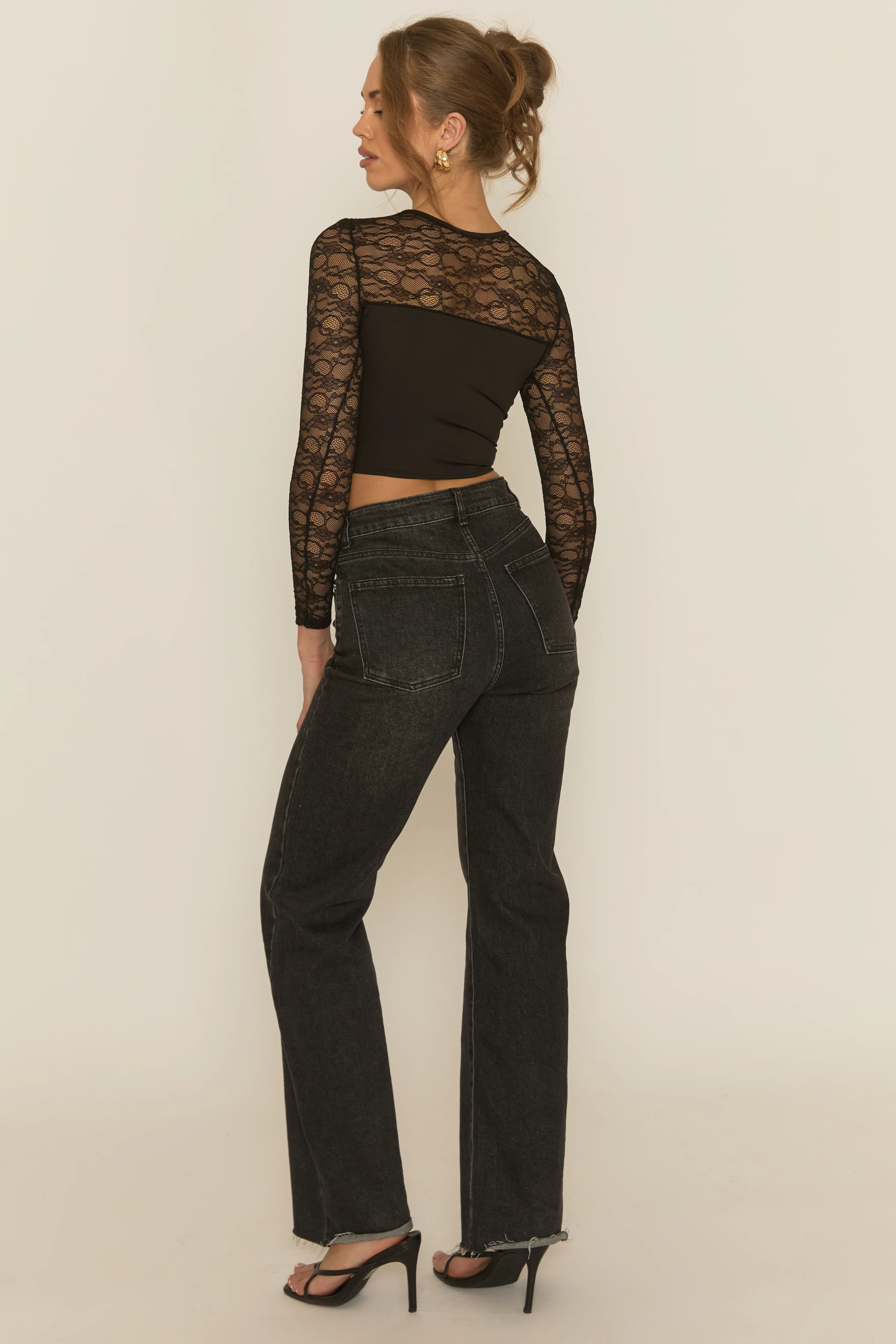 Black Lace Asymmetric Long Sleeve Corset Top - Averly - Image 5