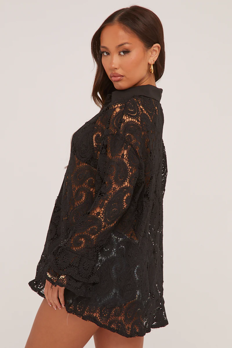 Black Lace Button Up Frill Sleeve Shirt - Lynn - Image 4