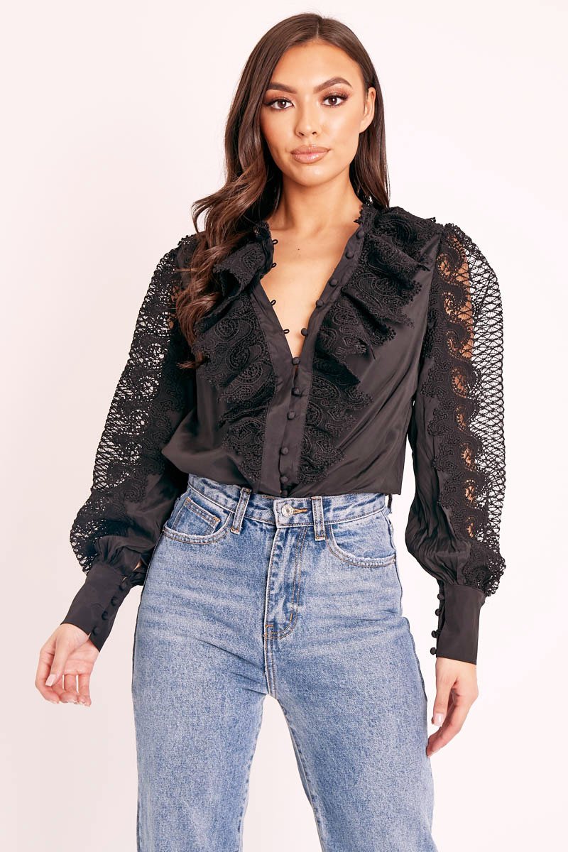 Black Lace Frill Covered Button Up Shirt - Priscila - Image 3