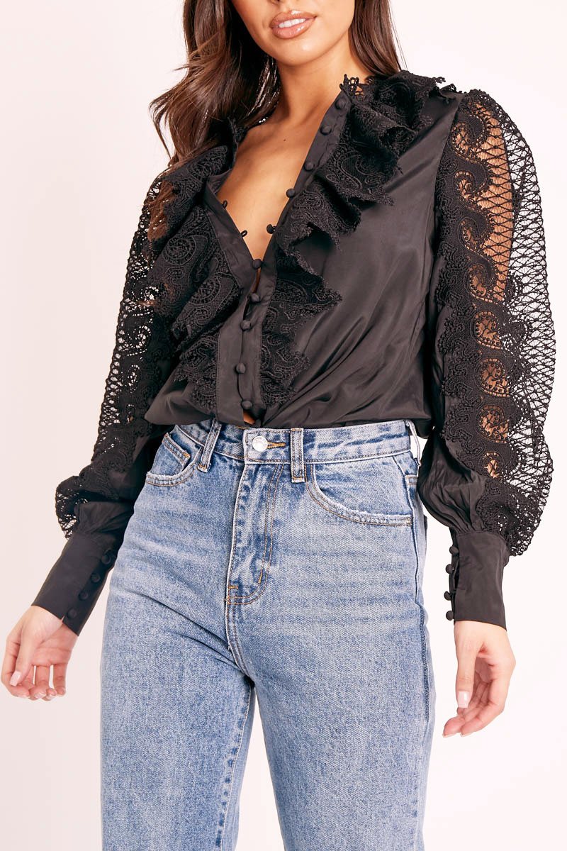 Black Lace Frill Covered Button Up Shirt - Priscila - Image 4
