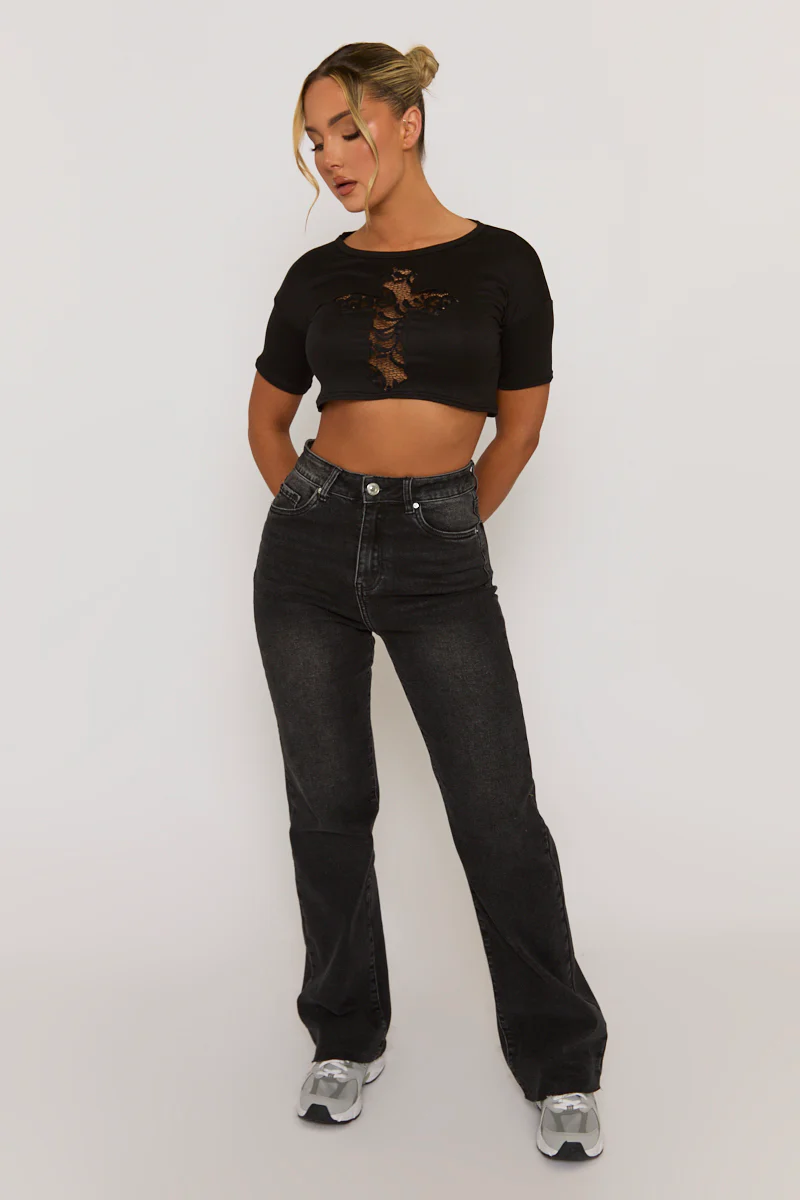 Black Lace Insert Cropped Tshirt - Mina - Image 3