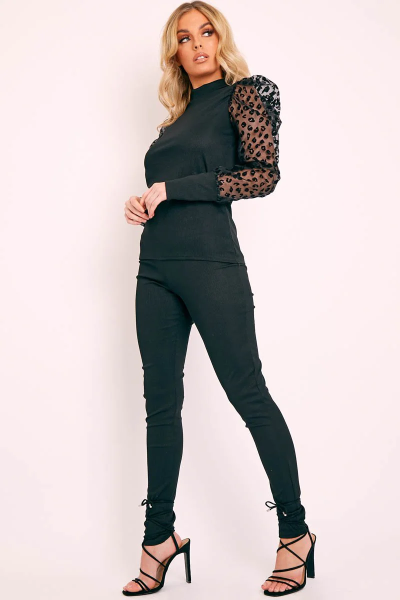 Black Leopard Puff Sleeve Top and Leggings Co-ord - Ursula - Image 3