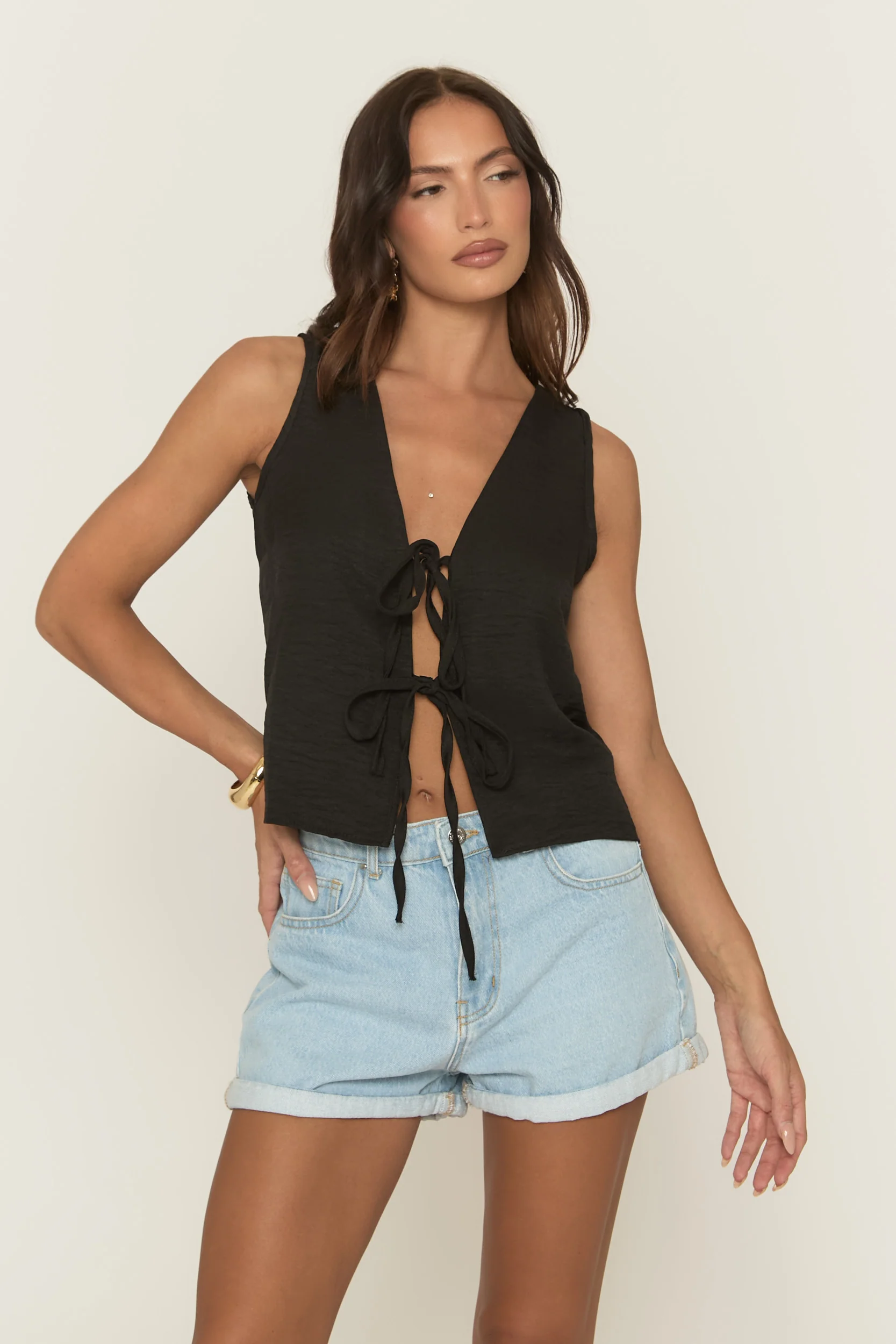 Black Linen Look Tie Front Top - Ashleen - Image 4