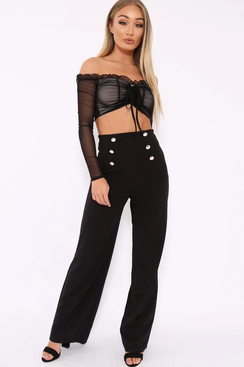 Black Mesh Bardot Ruched Front Crop Top - Carlita - Image 3