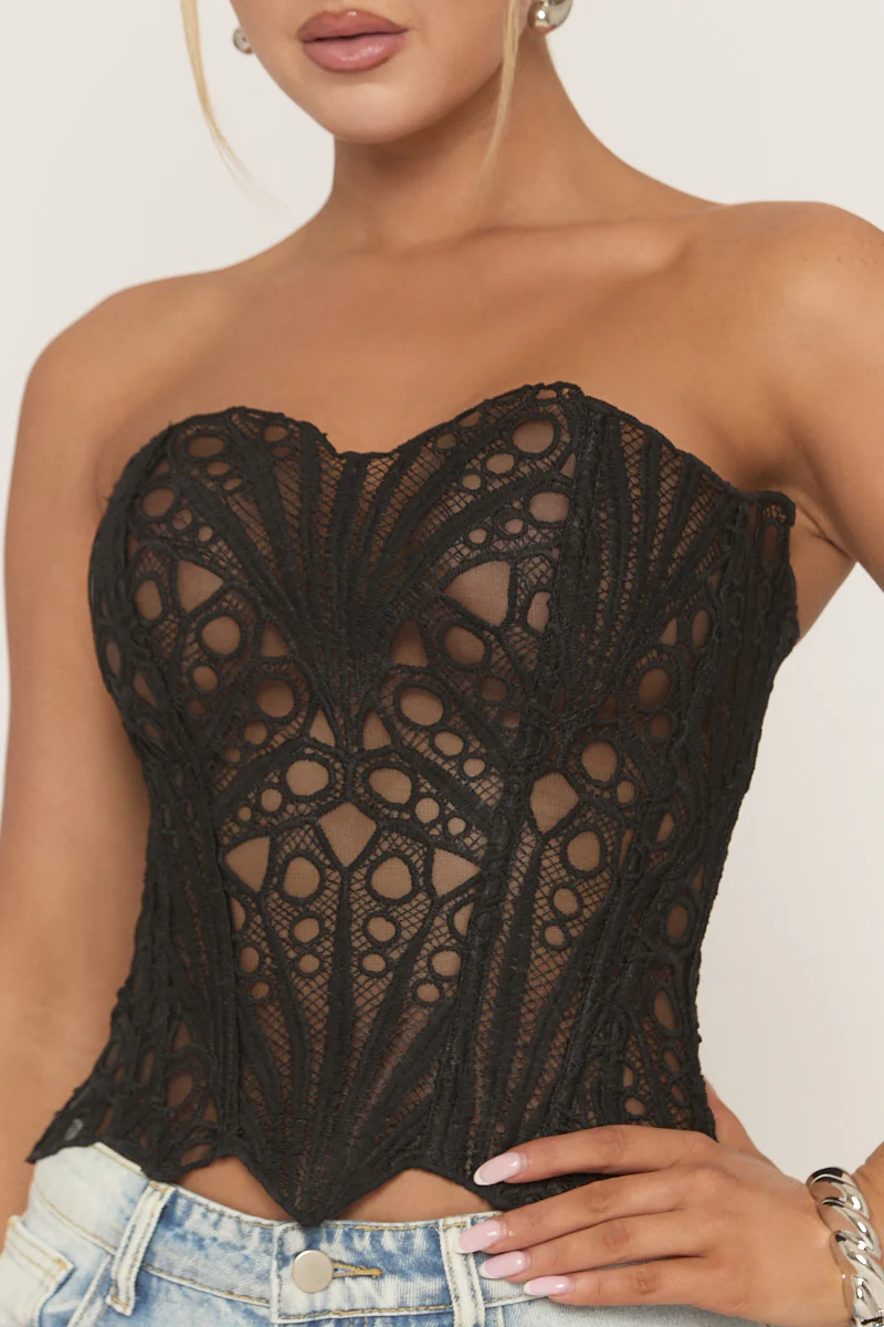 Black Mesh Lace Bandeau Corset - Ezmi - Image 3