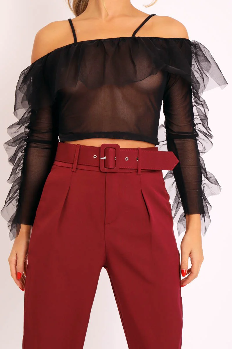 Black Mesh Ruffle Sleeve Bardot Crop Top - Amber - Image 4