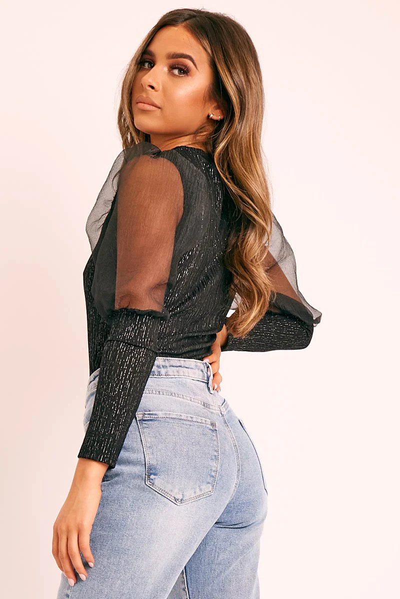 Black Metallic Puff Sleeve High Neck Top - Blaike - Image 4