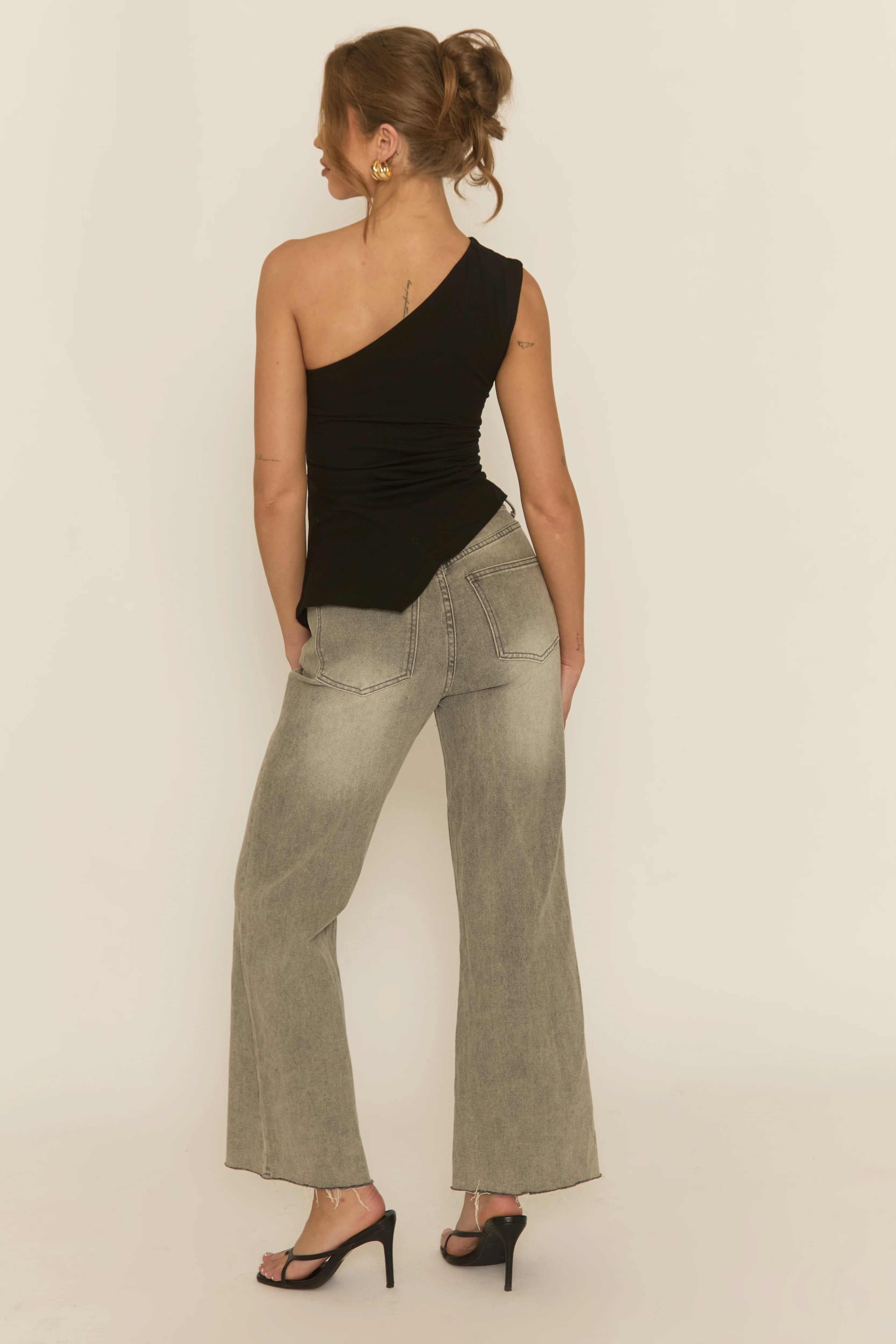 Black One Shoulder Asymmetric Ruched Top - Kiki - Image 4