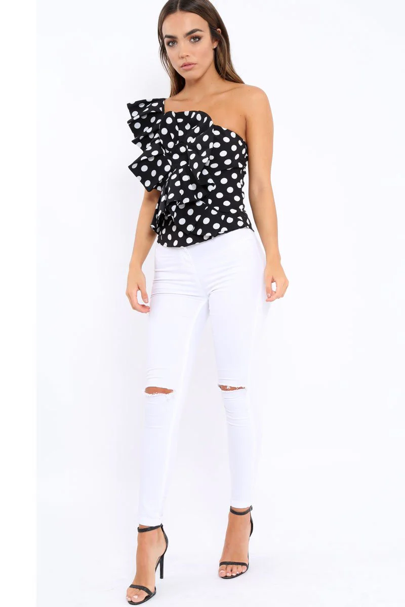 Black One Shoulder Polka Dot Top with Ruffles - Secilia - Image 3