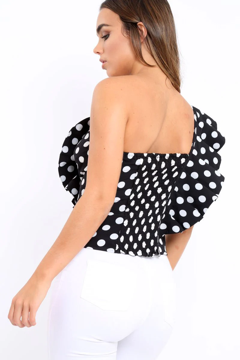Black One Shoulder Polka Dot Top with Ruffles - Secilia - Image 5