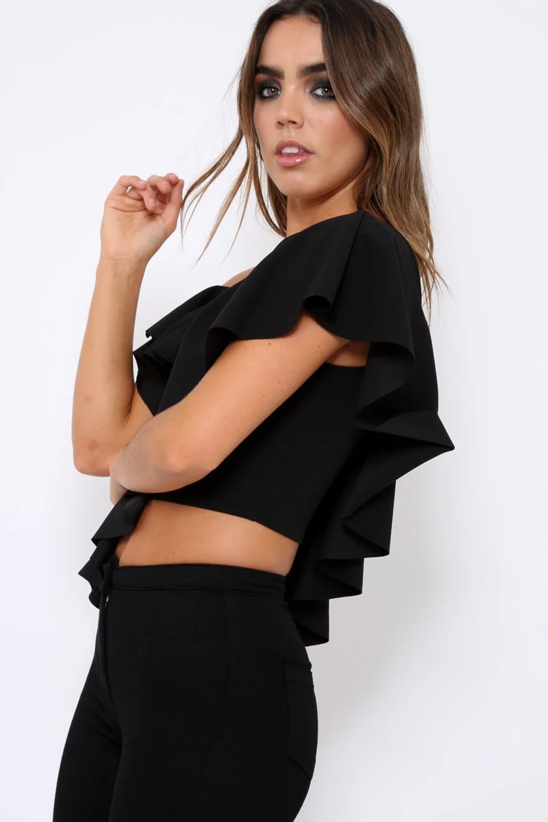 Black One Shouldered Frill Top - Maysa - Image 3