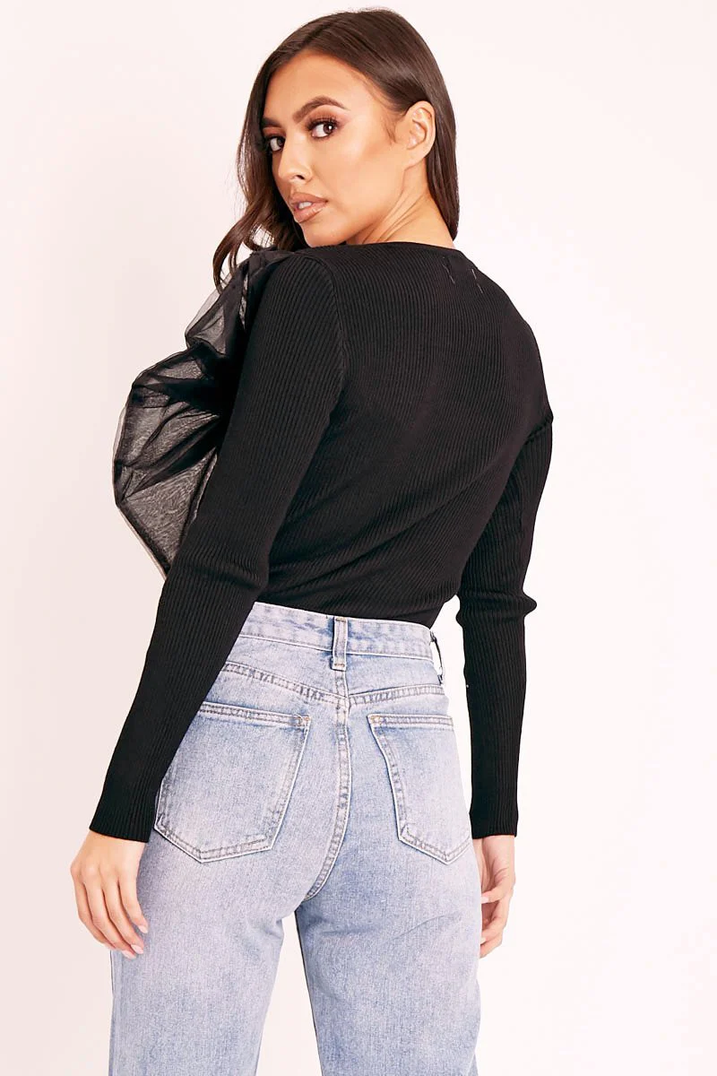 Black Organza Bow Front Ribbed Top - Fergie - Image 4