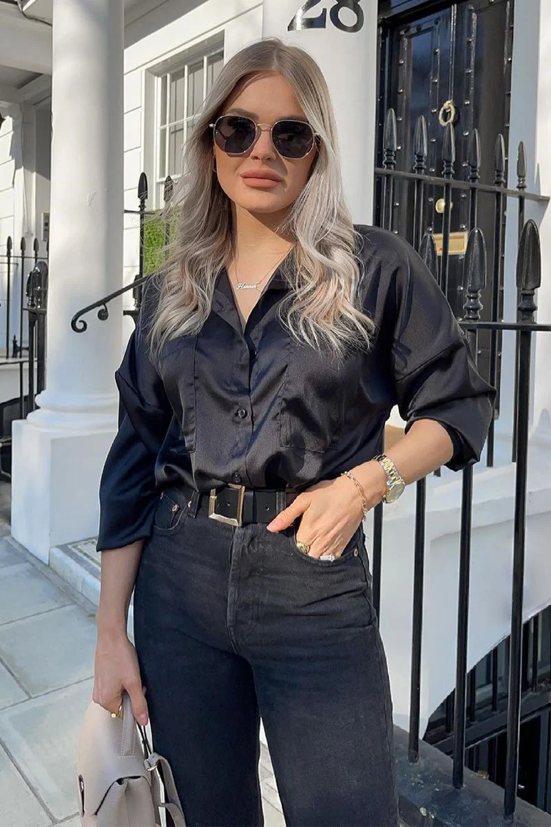 Black Oversized Satin Shirt - Carine - Image 7