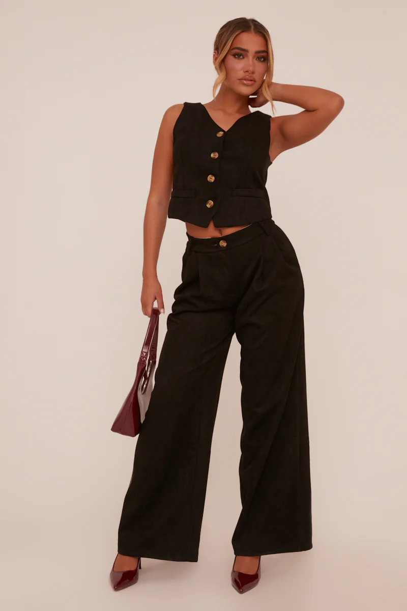 Black Pleat Detail Wide Leg Trousers - Ether - Image 3