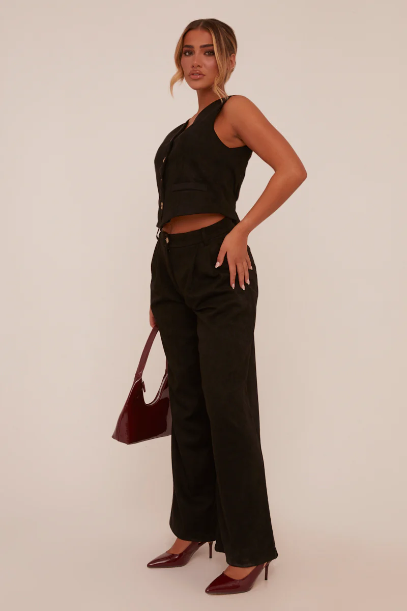 Black Pleat Detail Wide Leg Trousers - Ether - Image 4