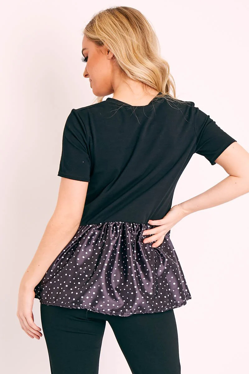 Black Polka Satin Peplum Hem T-shirt - Zyria - Image 3