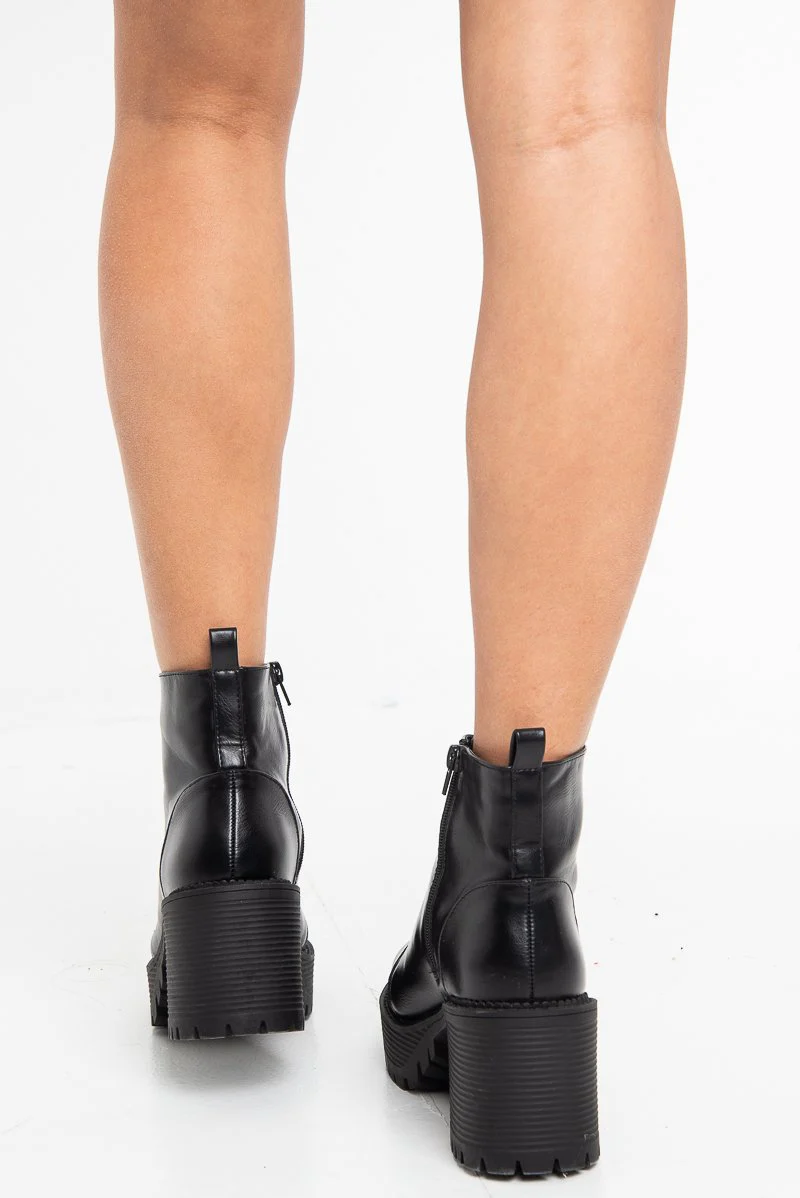 Black PU Lace Up Platform Block Heel Boots - Tiane - Image 3