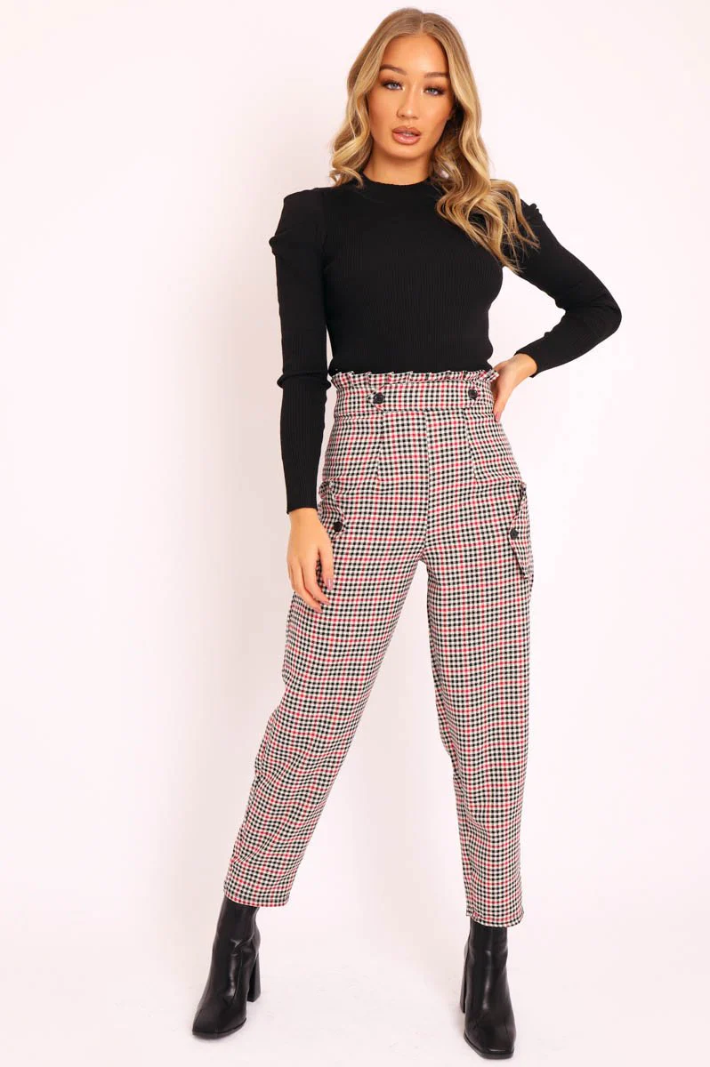 Black Red Check Frill Detail Trousers - Bristal - Image 3
