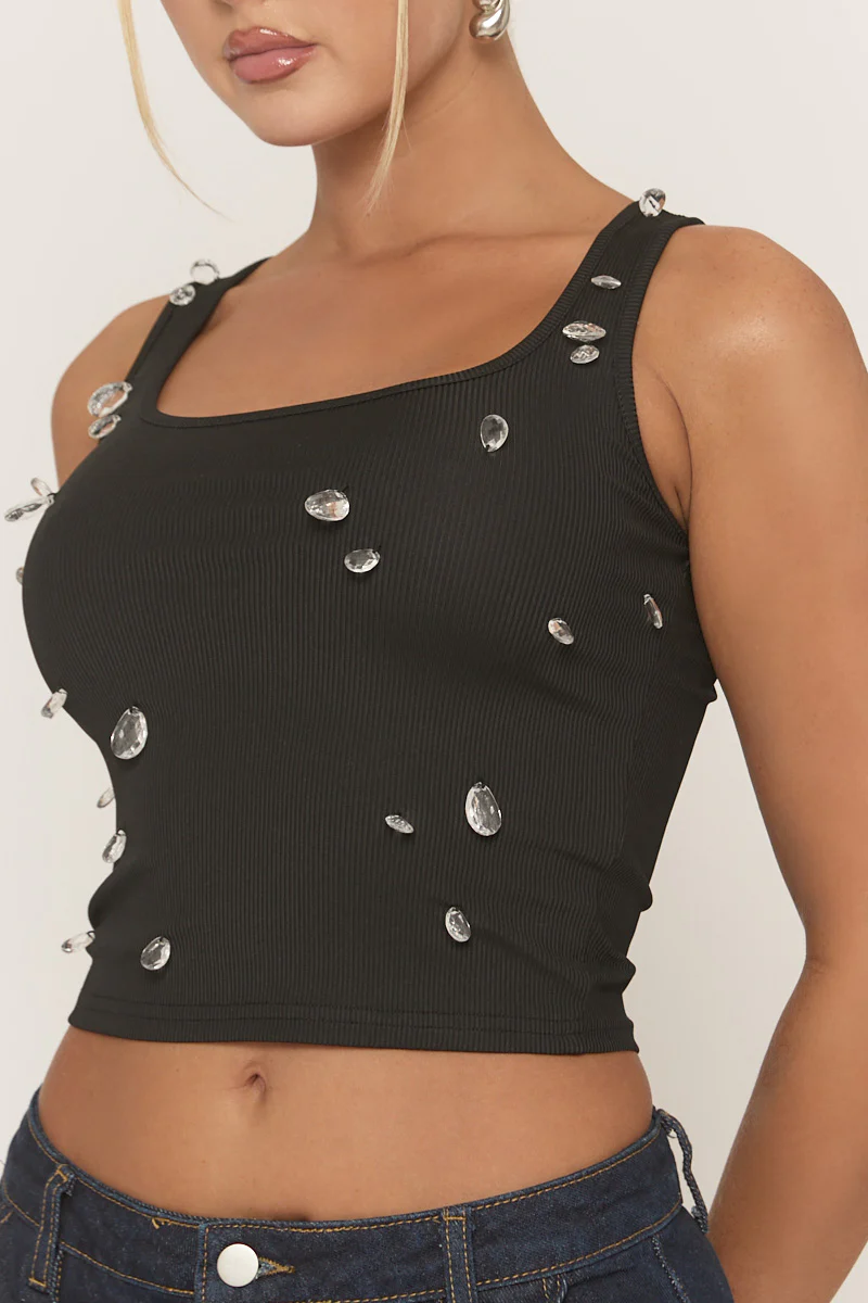 Black Rib Crystal Embellished Tank Top - Anastacia - Image 3